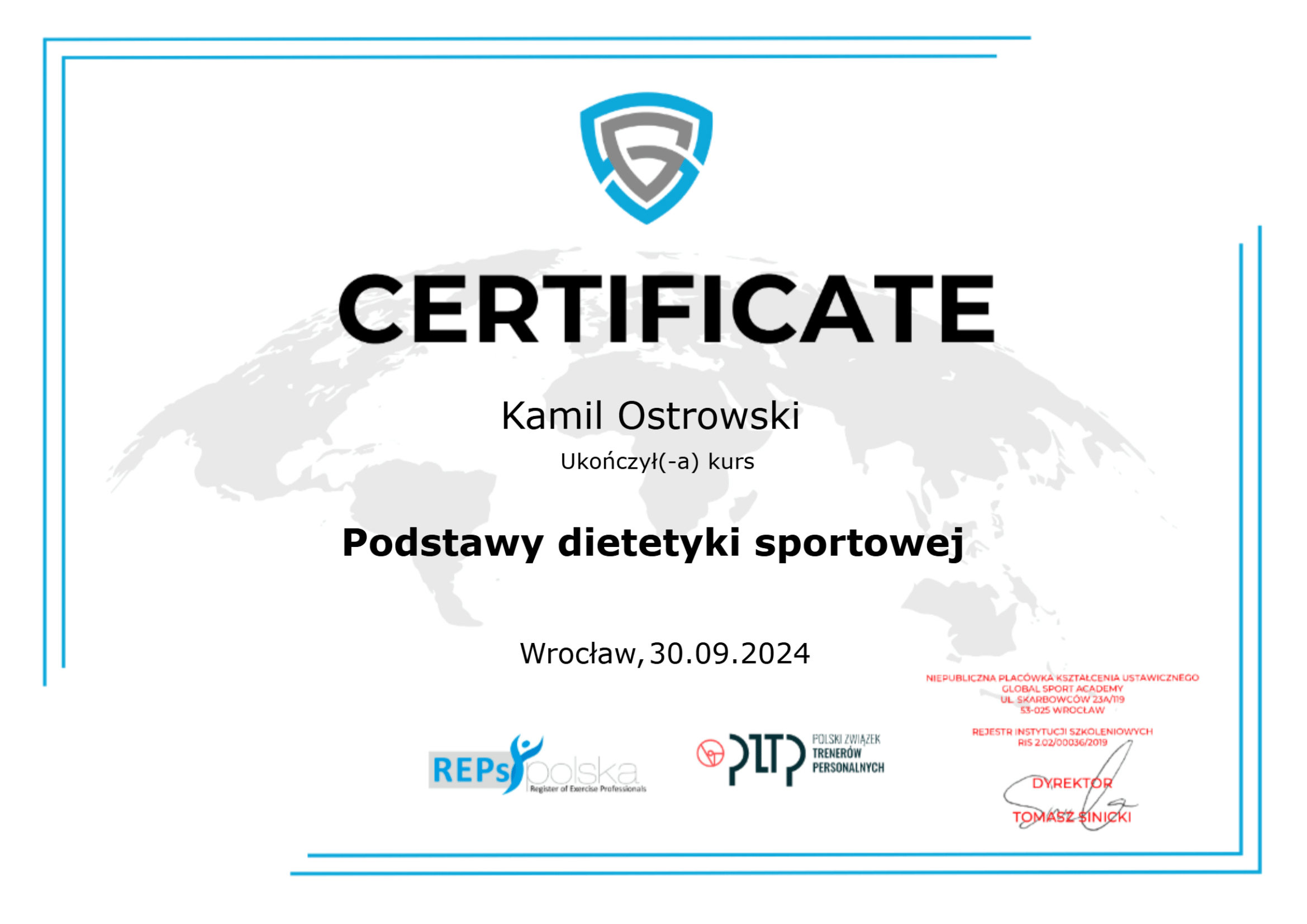 certificate PODSTAWY DIETETYKI SPORTOWSEJ-1